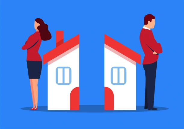 Illustration of a house literally split down the middle with a man and woman standing on either side.