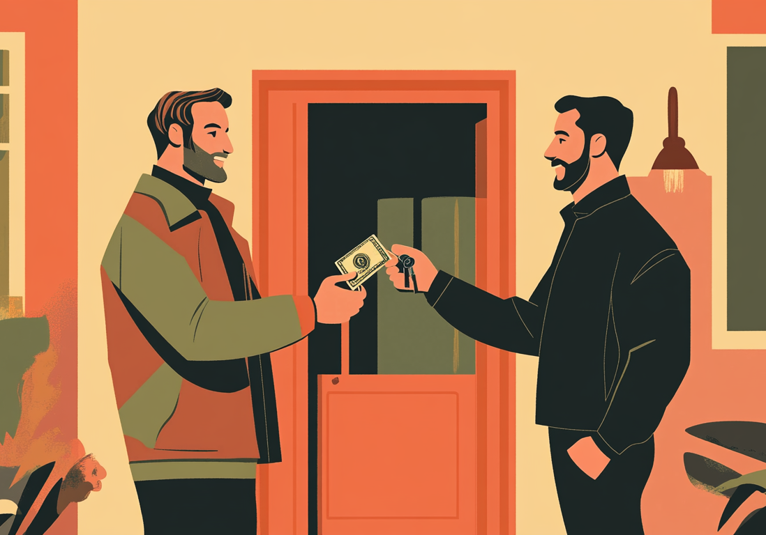 Illustration of a professional handing over house keys at the doorway of a home.