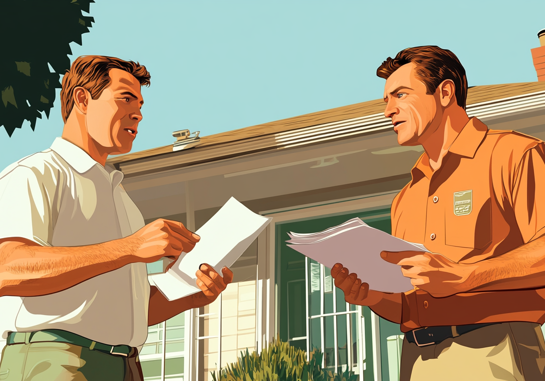Illustration of two men standing in front of a house reviewing property documents.