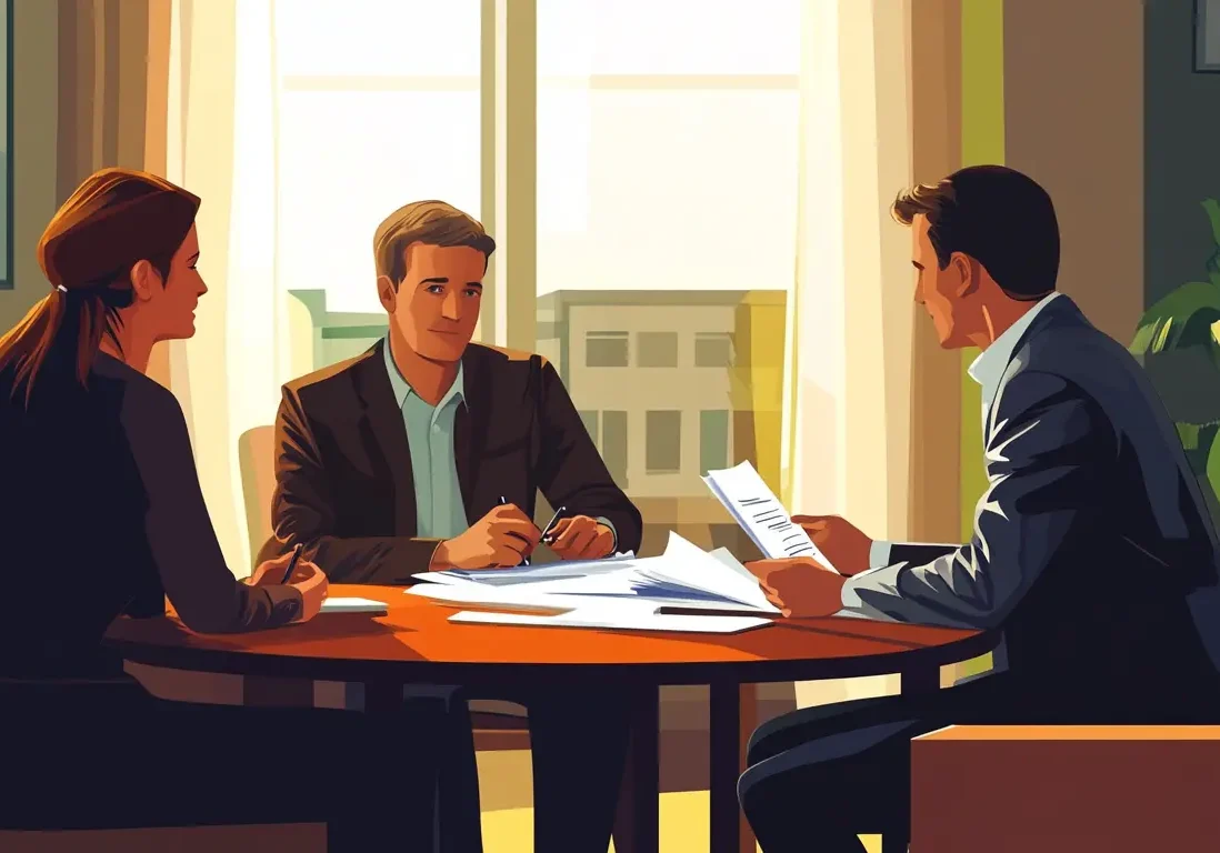 Illustration of three people sitting at a desk in a professional office reviewing property contracts.