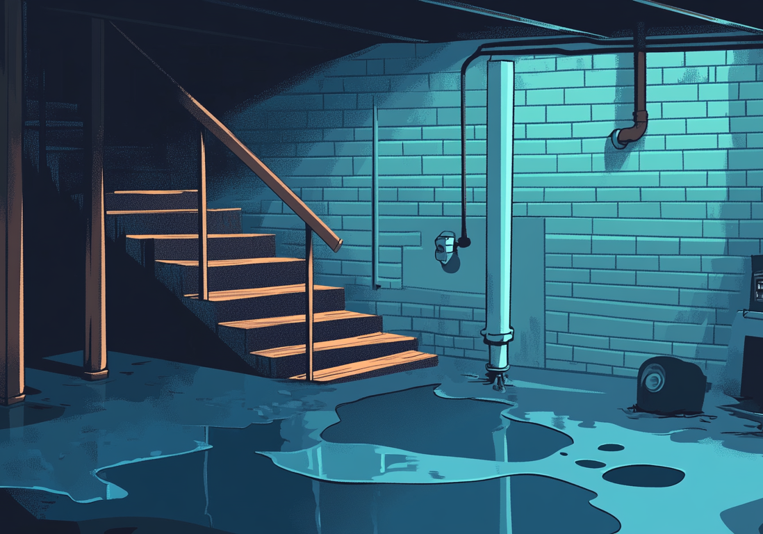 Interior view of a flooded house basement with water reflecting structural beams.