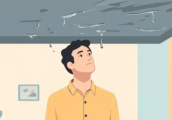 Illustration of a man looking up at visible water damage and cracks in a room's ceiling.