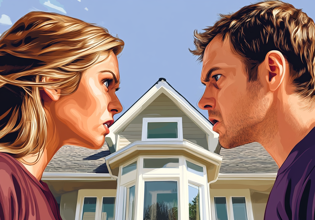 A woman and a man in a serious face-to-face confrontation in front of a house.