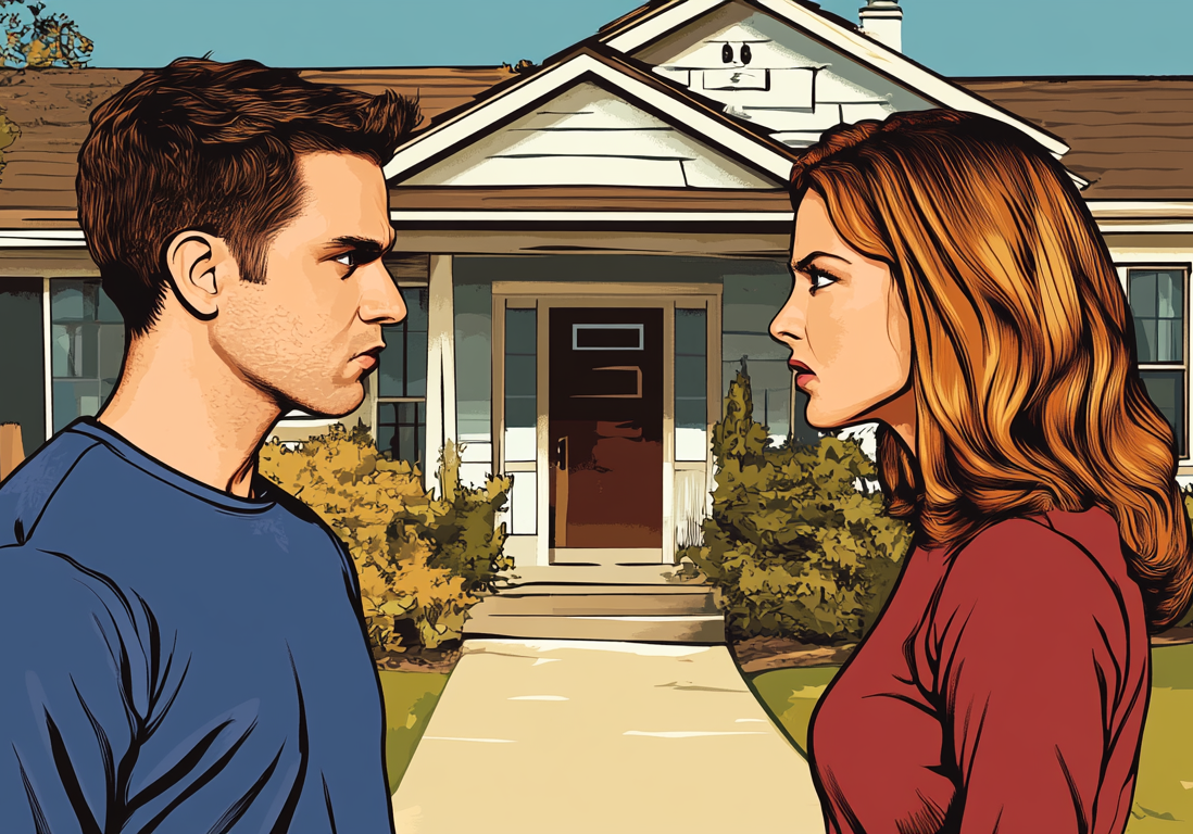 Illustration of a man and woman in disagreement standing in front of a suburban home.