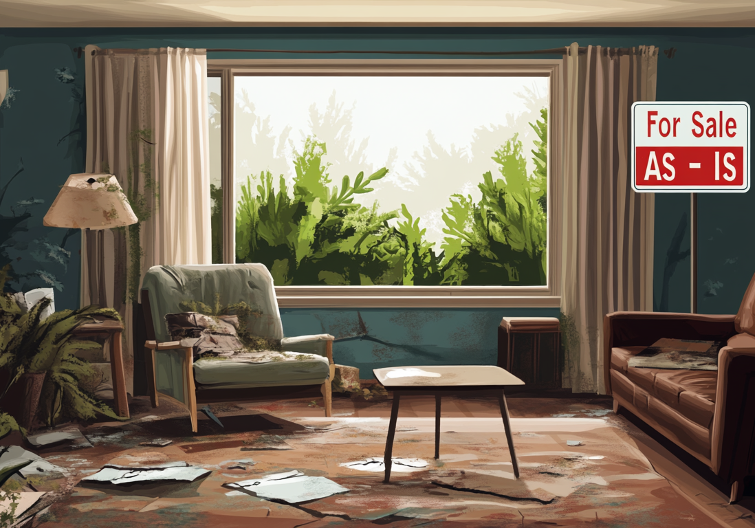 Interior view of a furnished living room with a red "For Sale" sign visible through the window.