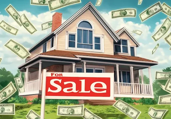 Illustration of a suburban home with a "For Sale" sign, surrounded by floating hundred-dollar bills.