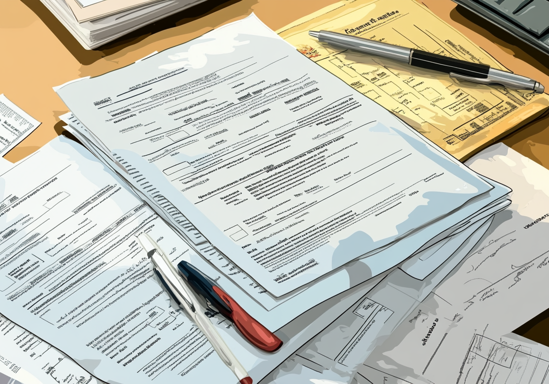 Close-up of real estate contracts, a pen, and a calculator on a wooden desk.