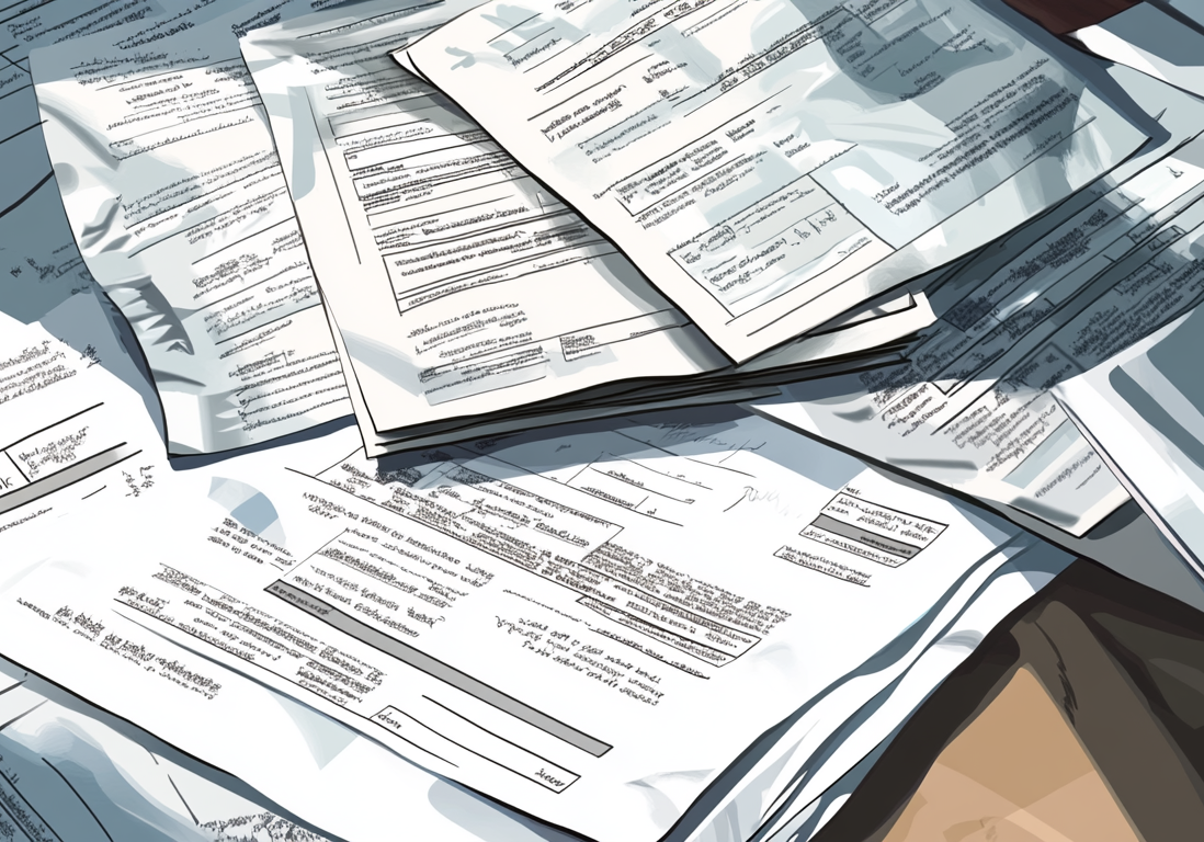 Close-up of real estate contracts, a pen, and administrative documents on a wooden desk.