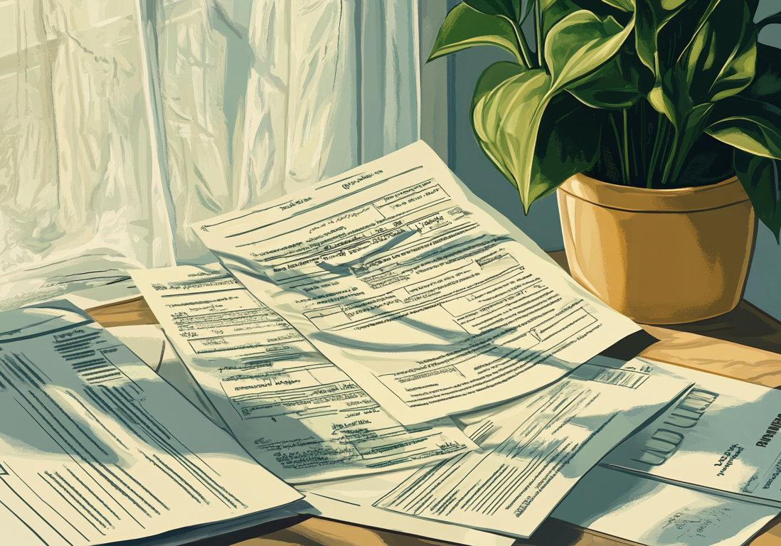 Close-up illustration of a wooden desk covered in scattered legal documents and financial paperwork.