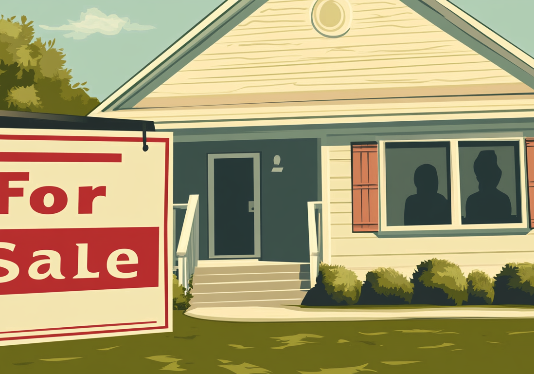 Exterior of a white single-story cottage with a red "For Sale" sign in the yard.