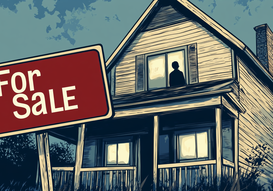 A two-story home illuminated at night with a red "For Sale" sign in the front yard.