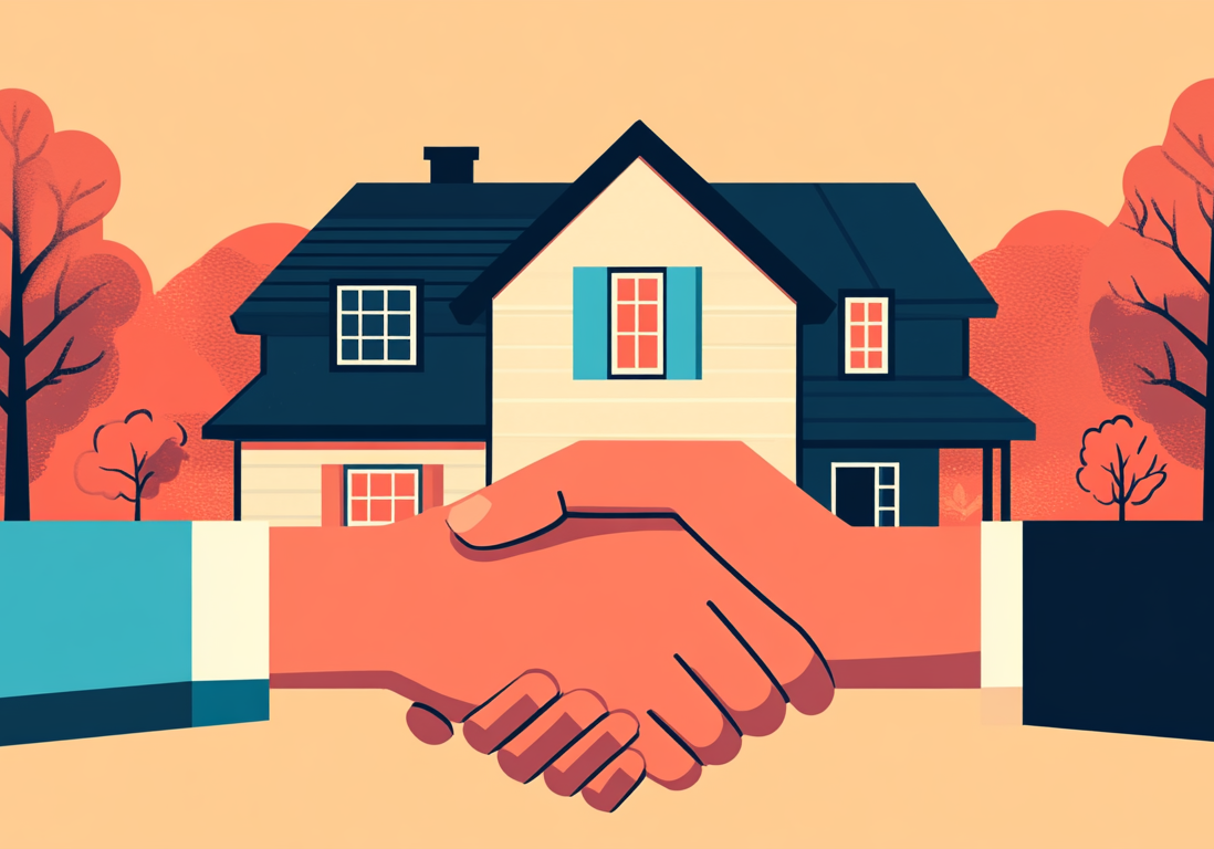 Illustration of a handshake between two people in front of a blue residential house at sunset.