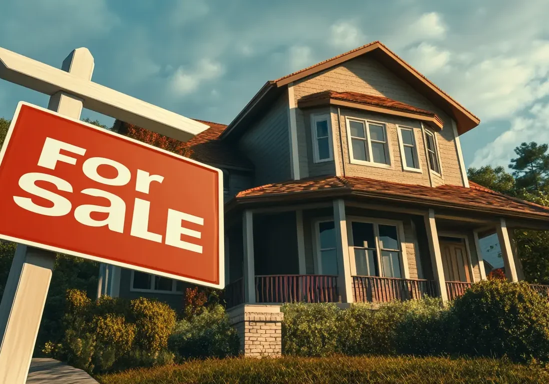 Exterior view of a high-end craftsman-style home with a red "For Sale" sign in the yard.