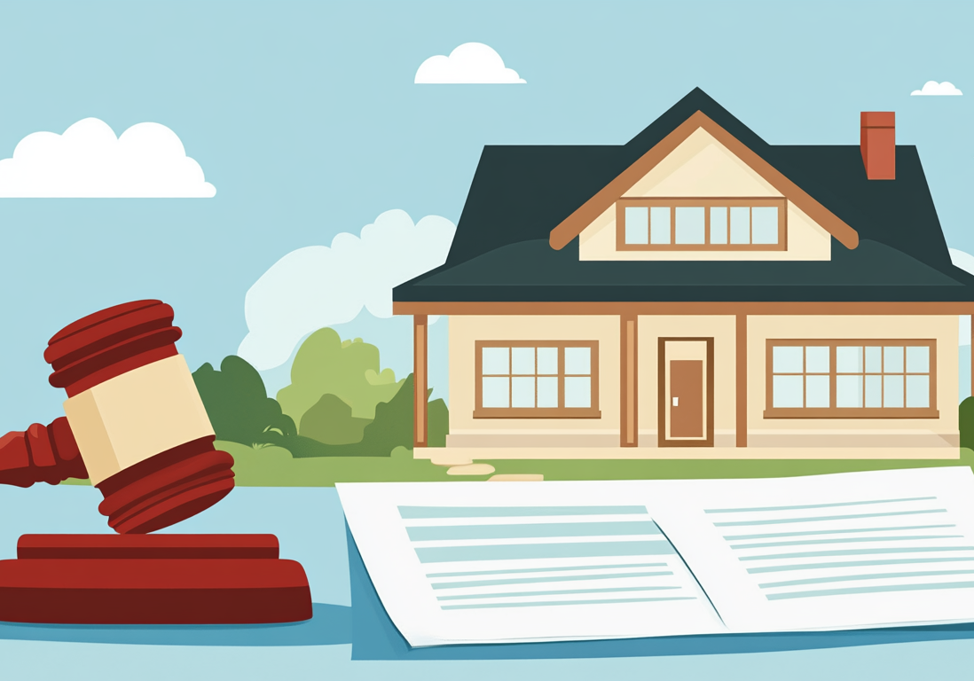 Illustration of a judge's gavel next to a document and a house silhouette.