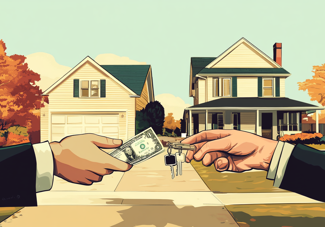 Illustration of hands exchanging a set of house keys in front of two residential properties.