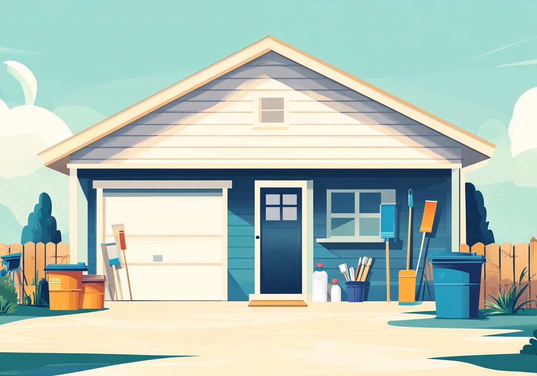 Exterior of a modern suburban detached garage and driveway.