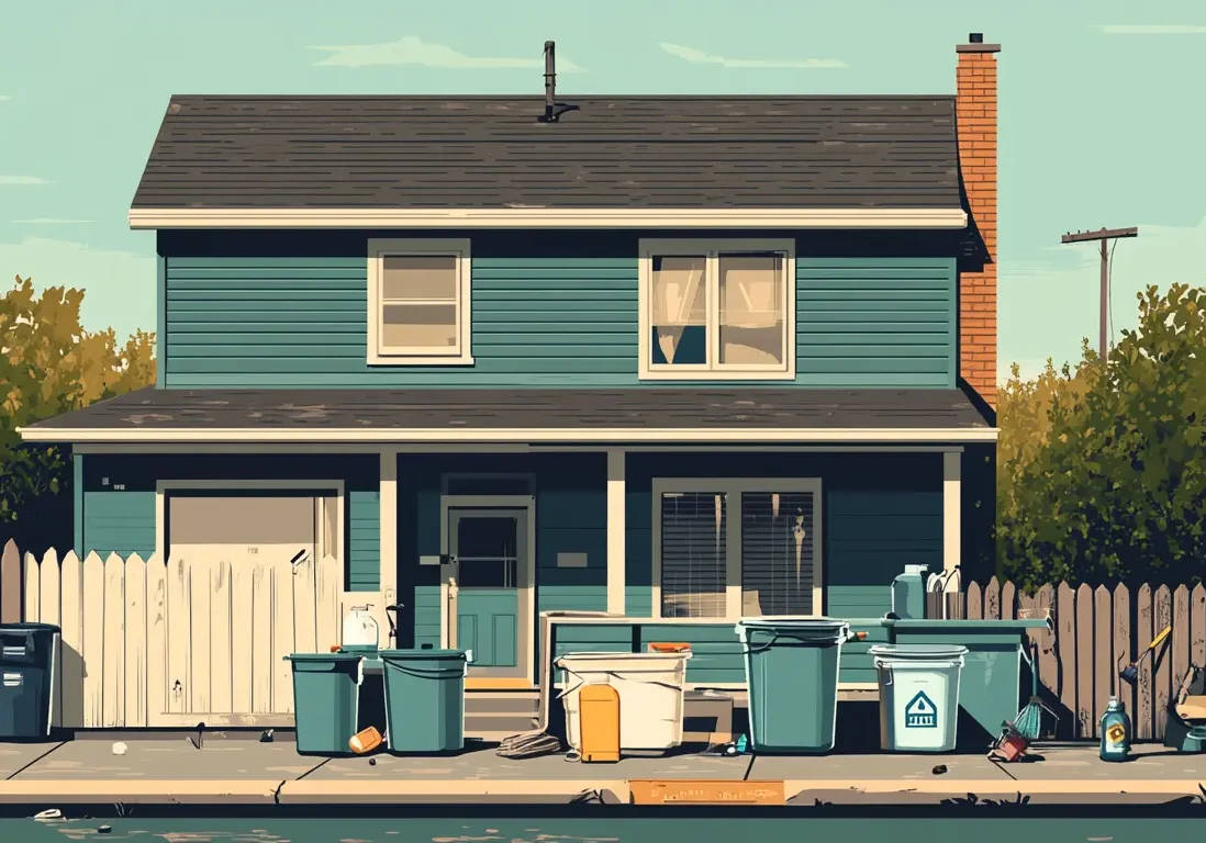 Exterior of a grey suburban house with an overgrown yard and visible neglect.