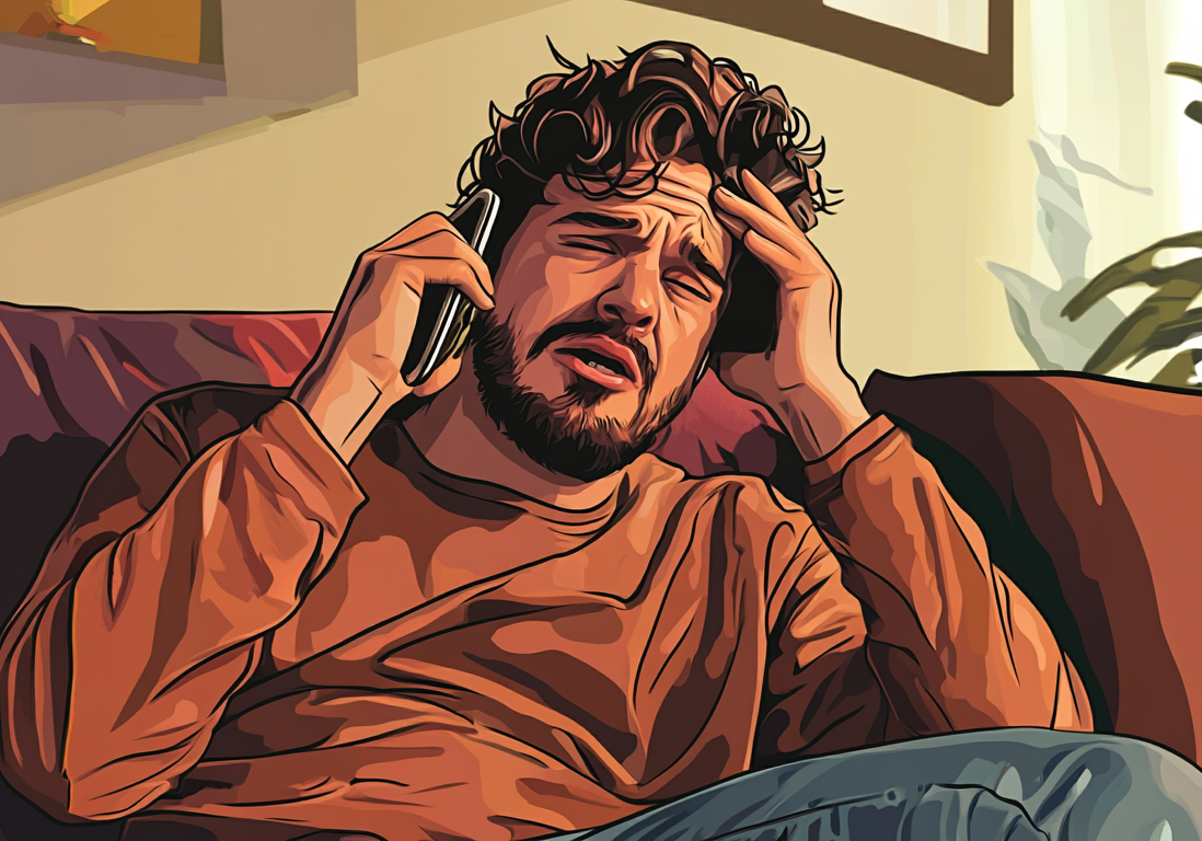 Illustration of a man sitting on a sofa looking relieved while talking on a mobile phone.