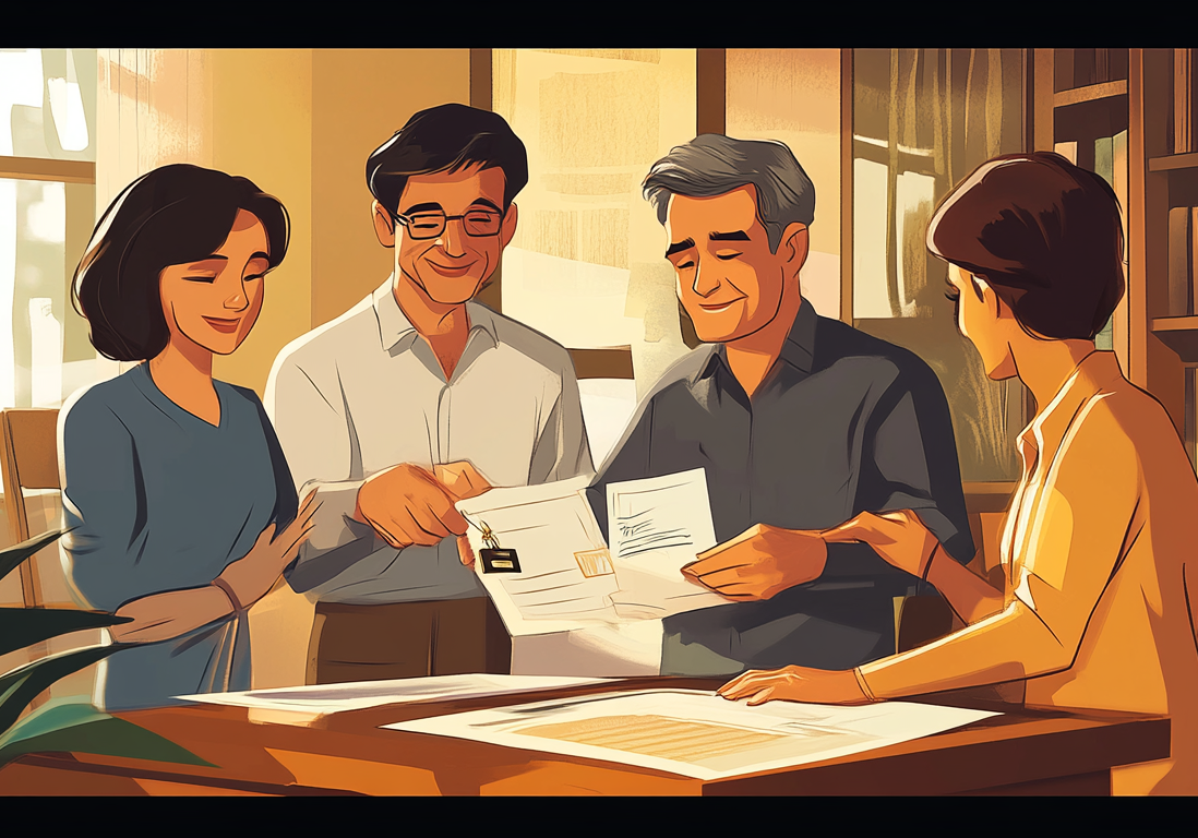 Illustration of four professionals sitting in a library-style room reviewing legal documents.