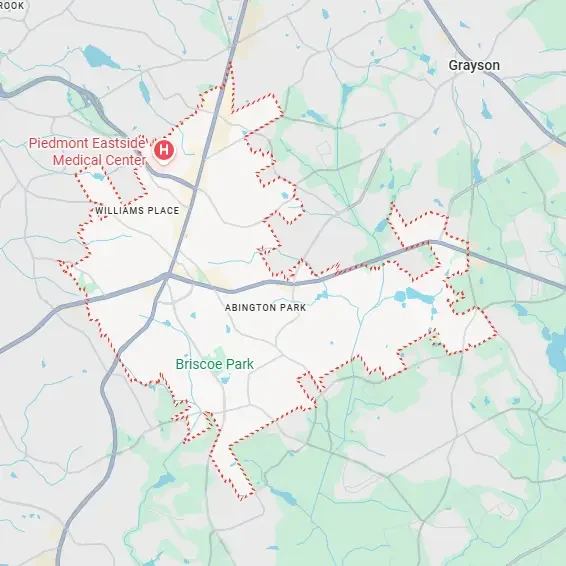 A map featuring a red dotted boundary that outlines a service area encompassing Abington Park, Briscoe Park, and the region near Piedmont Eastside Medical Center.