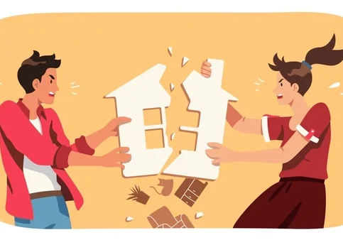Illustration of a man and woman pulling apart a puzzle shaped like a house.